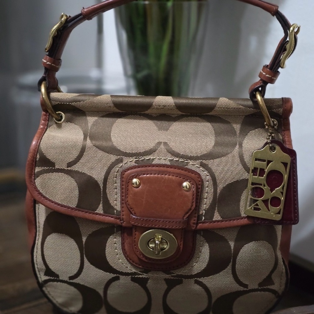 Vintage Coach Tan and Brown Signature Shoulder Bag and wallet